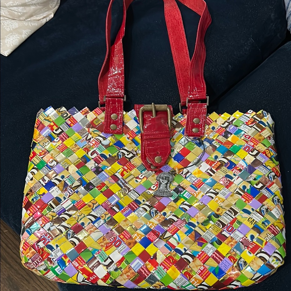 Nahui Ollin Colorful Woven Tote with Red Straps